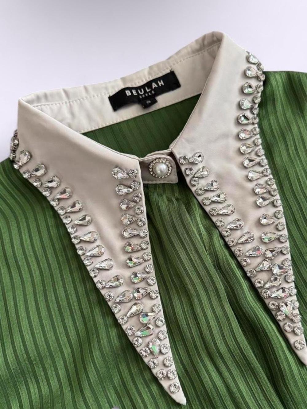 Beulah Green Satin Blouse Oversized Rhinestone Collar Glam Party Top Small